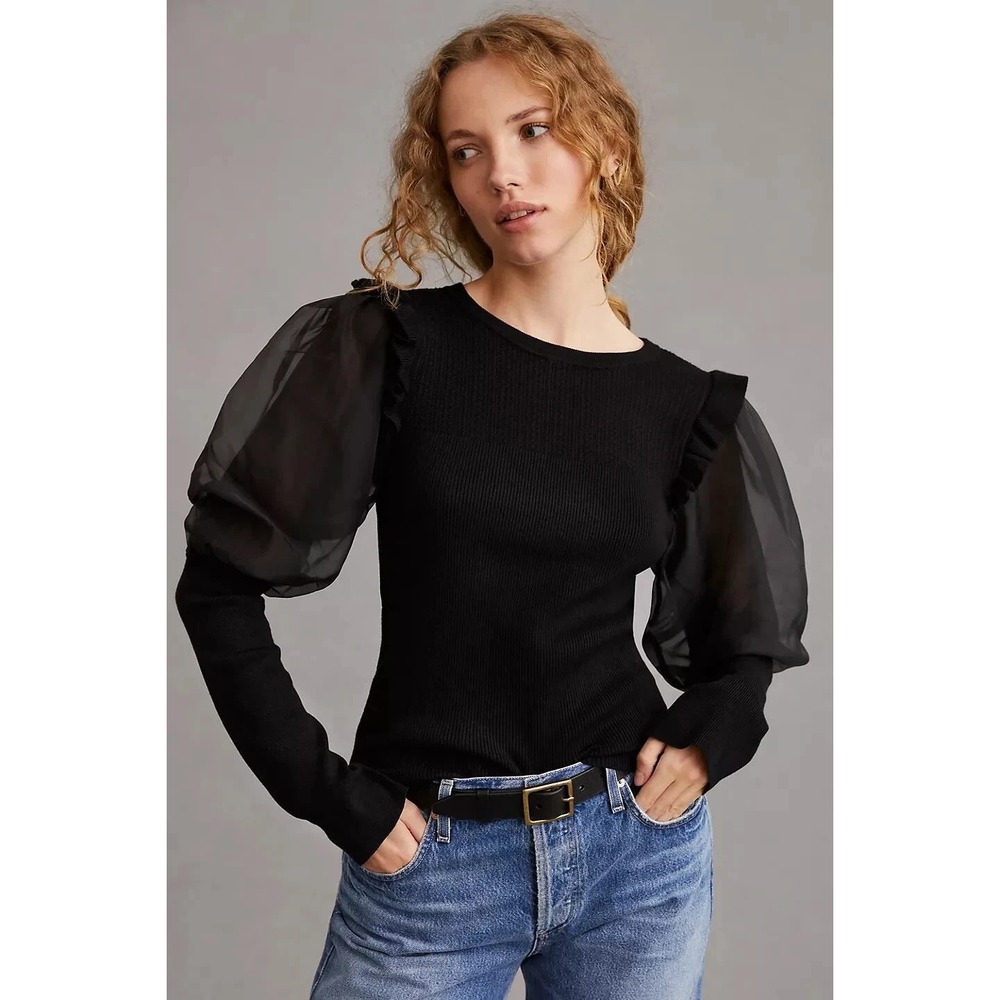 Anthropologie Mutton Sheer Puff Sleeve Ribbed Pullover In Black Size‎ X-Small